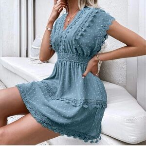Crochet Detail Mini Dress Medium in Dusty Blue NWOT